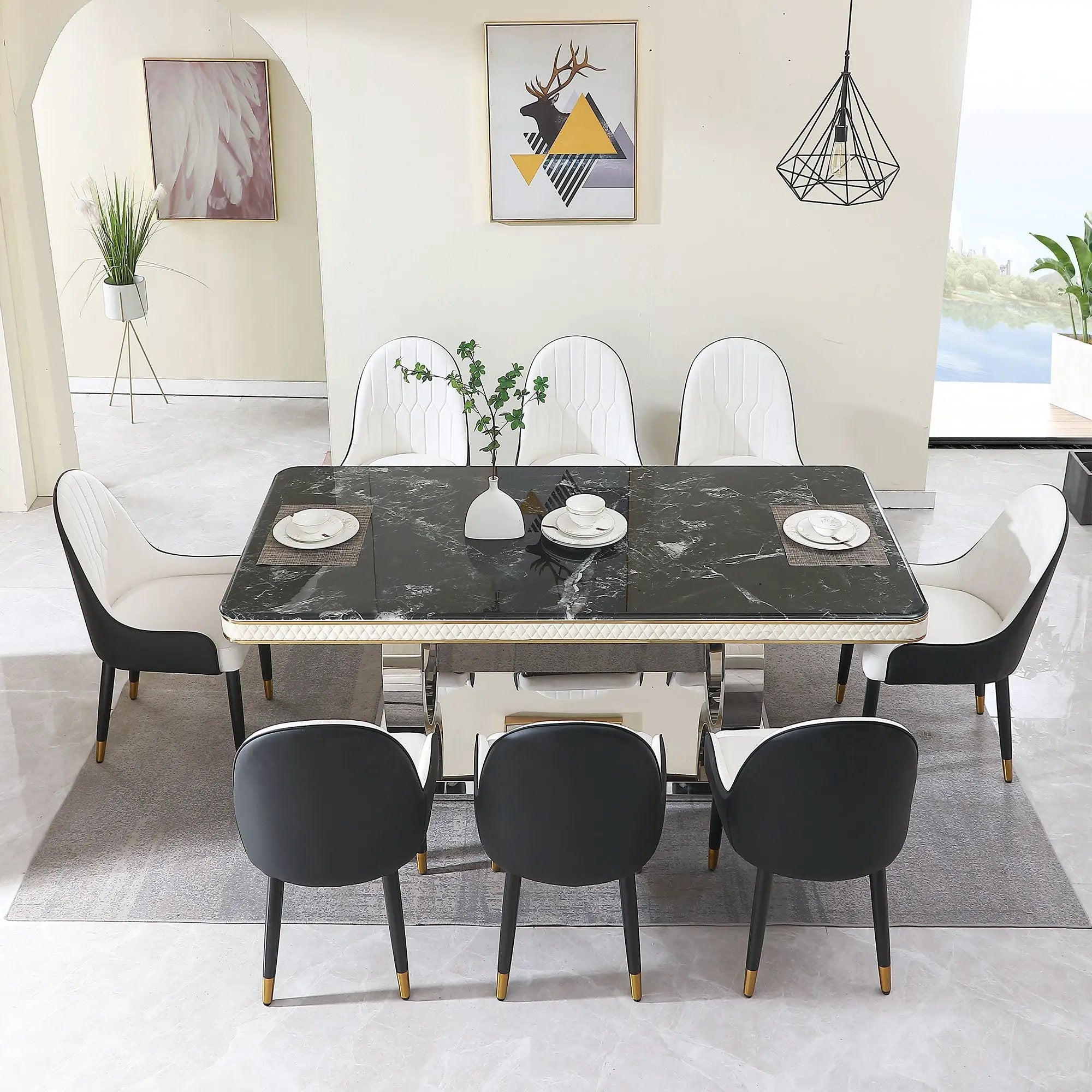 Luxury Modern Dining Table With 6 Chairs Marble Top Titanium Plated Base - Black by Unique Piece Furniture