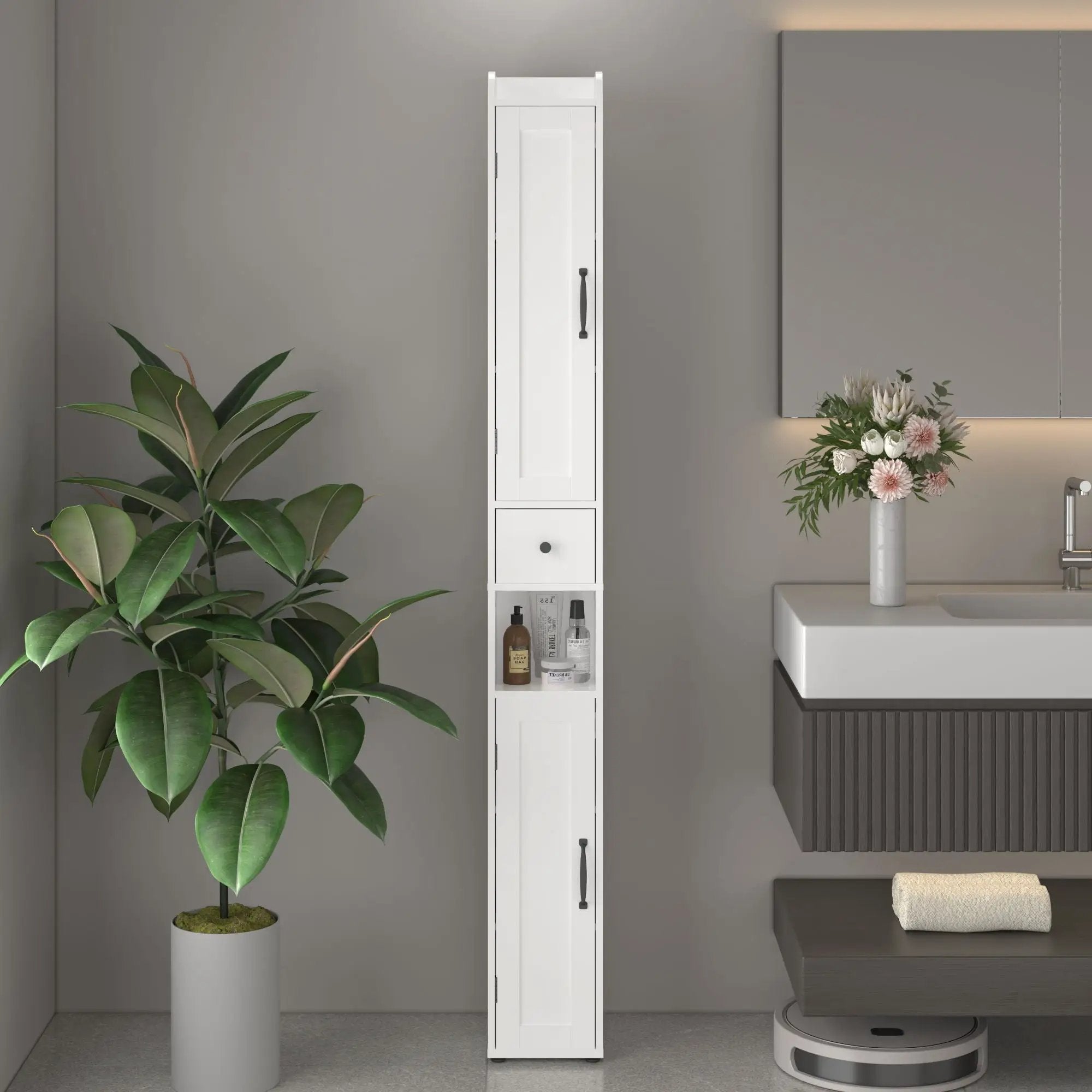 Slim Tall Bathroom Storage Cabinet With Adjustable Shelves, 2 Doors Freestanding Cabinet - White by HouseOfZazla
