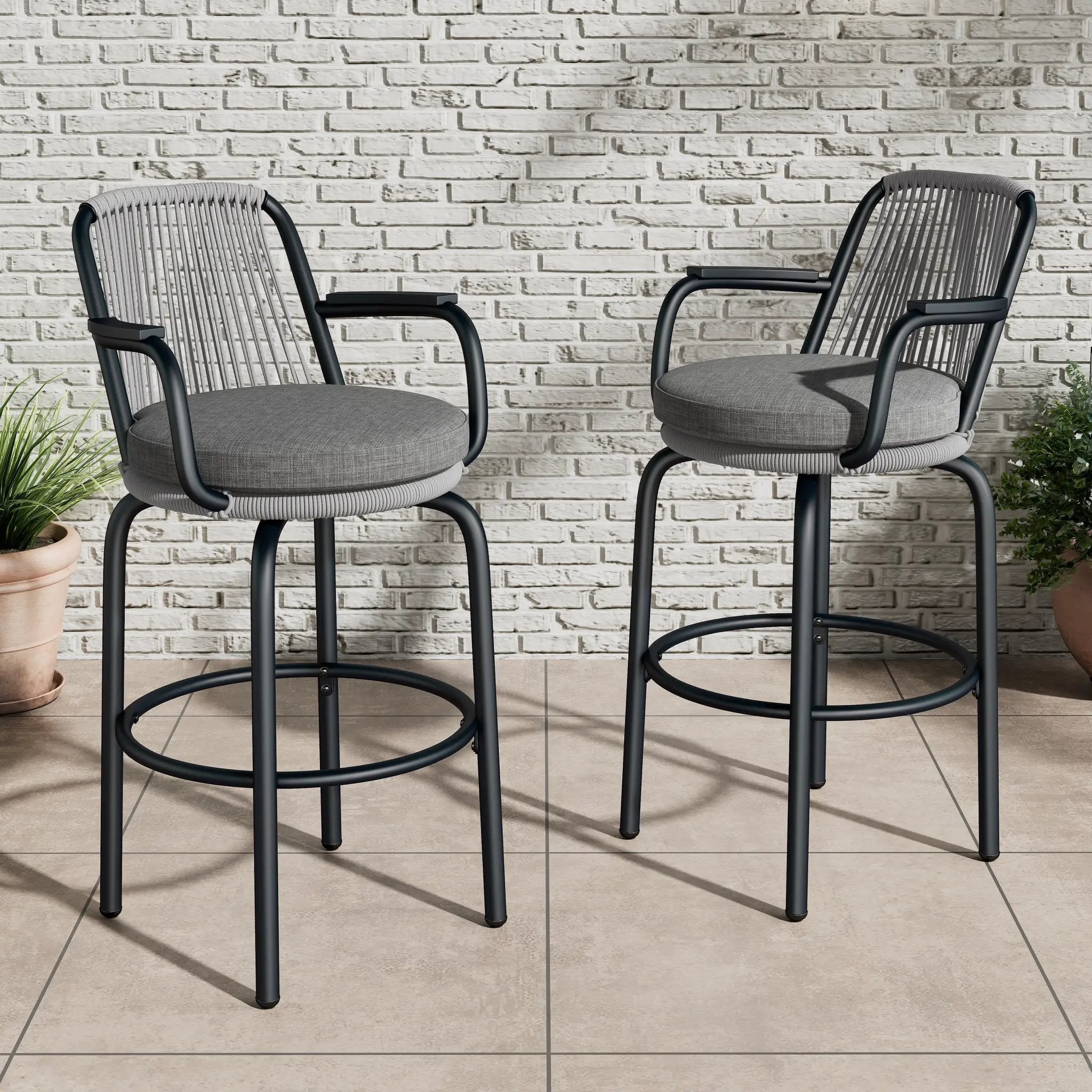 Outdoor Patio Bar Stools 29"H Set of 2, Modern Woven Rattan Rope Bar Height Chair by HouseOfZazla