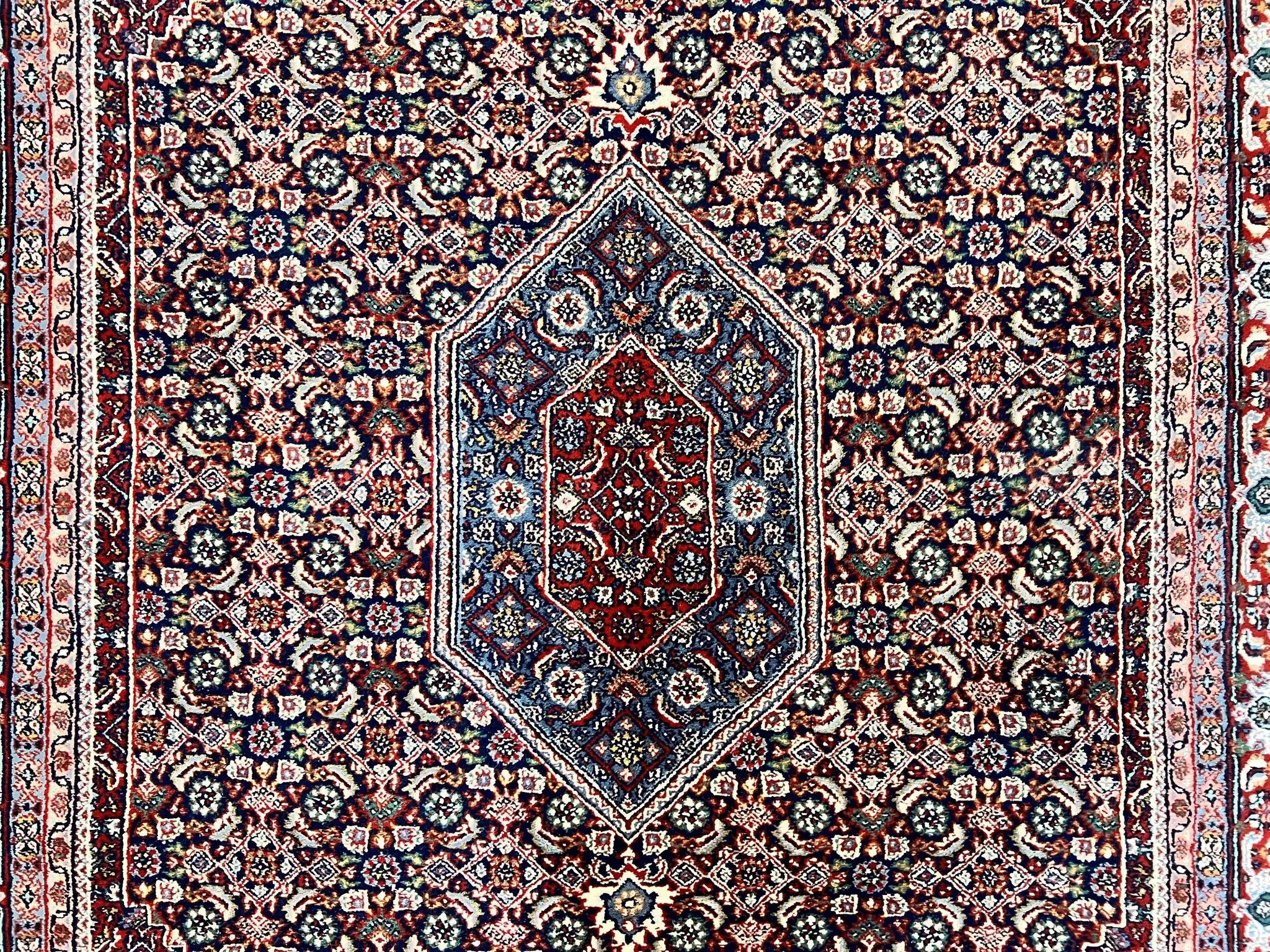 Indo Persian Rug 7x10, Dark Blue and Red Hand Knotted Wool Vintage Oriental Carpet 7 x 10 ft, Handmade Bidjar Rug, Herati Pattern Indian Rug by Jewel Rugs