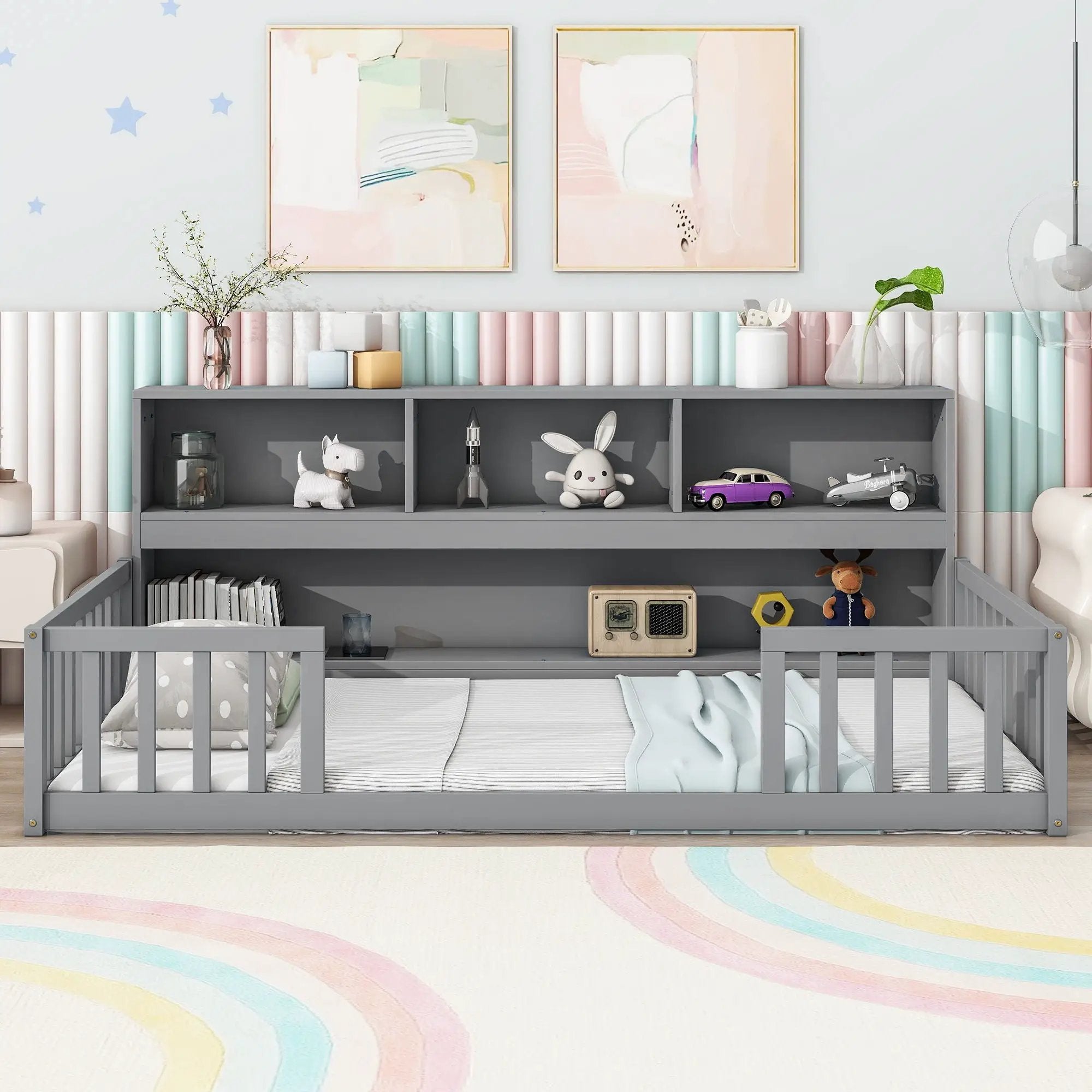 Floor Bed With Bedside Bookcase, Shelves, Guardrails by Unique Piece Furniture