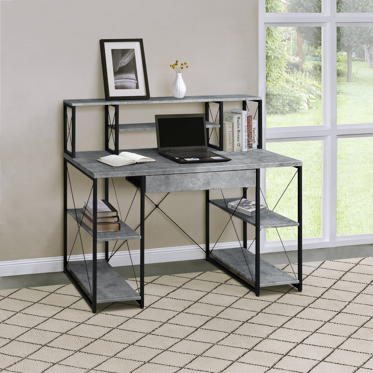 Grey and Black Desk with Drawer - Wood and Metal