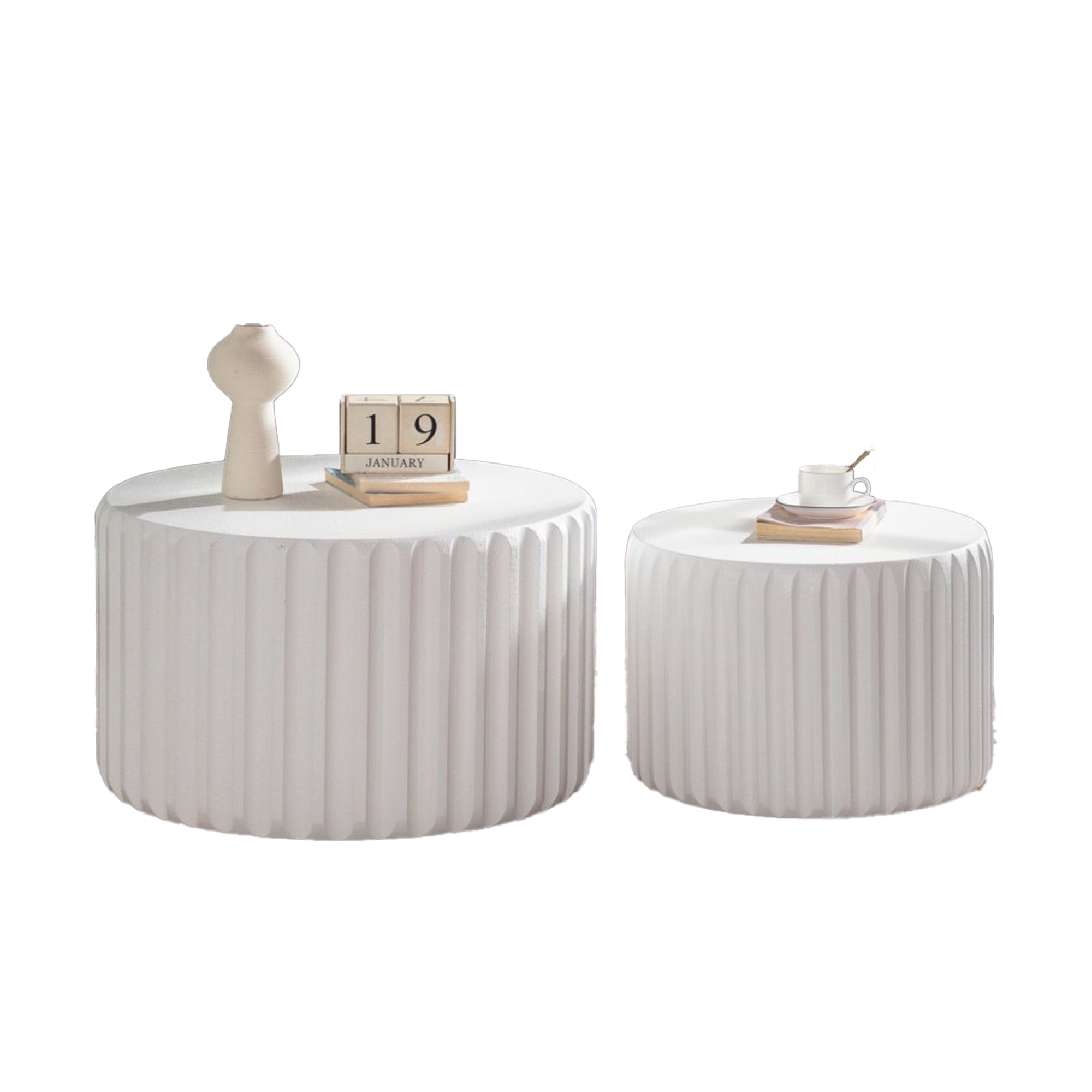 White Scalloped Round Coffee Table Set: Nesting Design, Elegant Curved-Edge Shape by HouseOfZazla