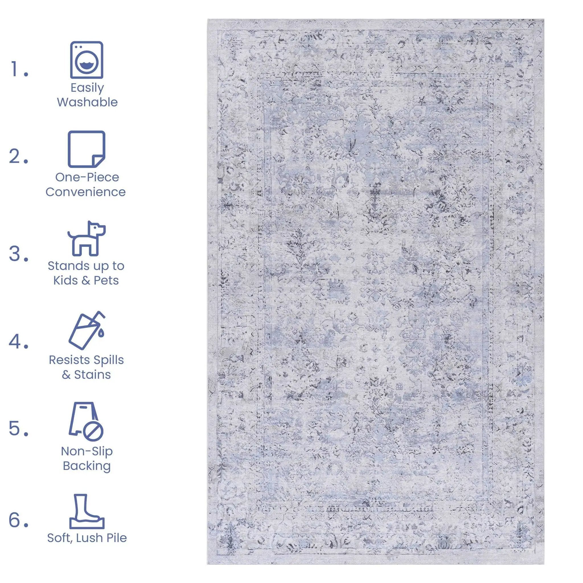 Maval - 8' X 10' Washable Area Rug - Blue / Cream by HouseOfZazla