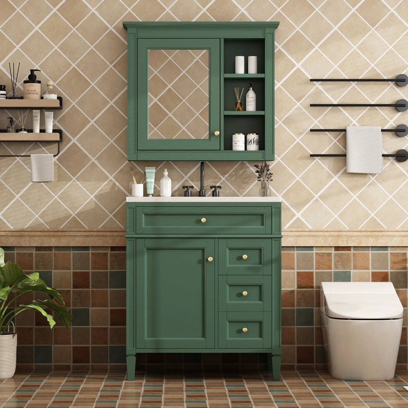 Bathroom Vanity With Top Sink, 2 Doors And 3 Drawers, Freestanding Set With Mirror Cabinet by HouseOfZazla