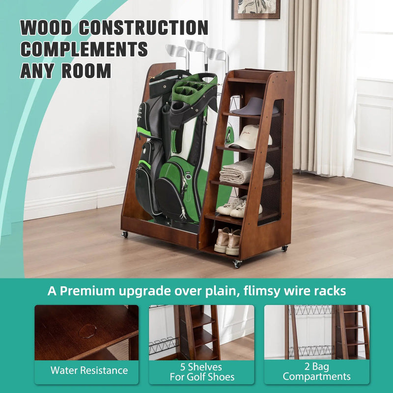 Premium Wooden Golf Bag Organizer for Garage by HouseOfZazla