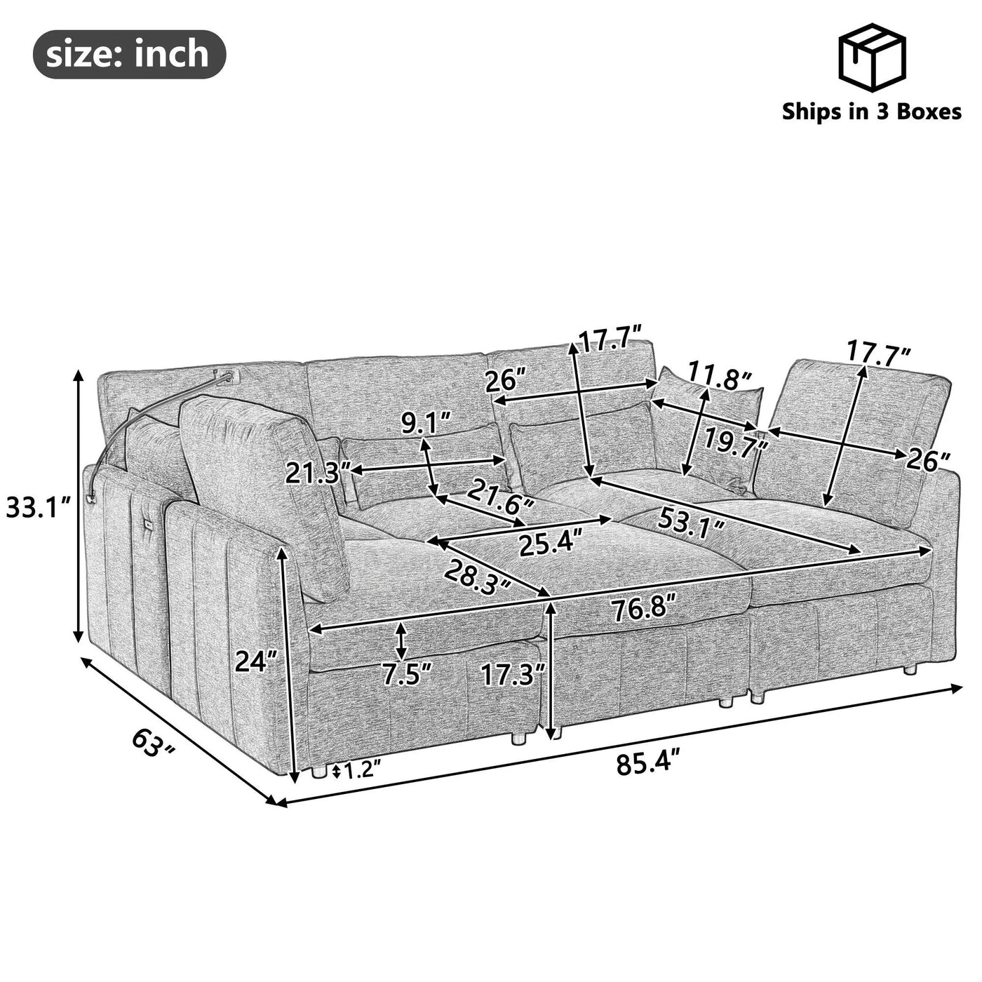 Modern Modular U-Shaped Sofa Bed With Movable Ottoman, USB Ports, Phone Holder by Unique Piece Furniture