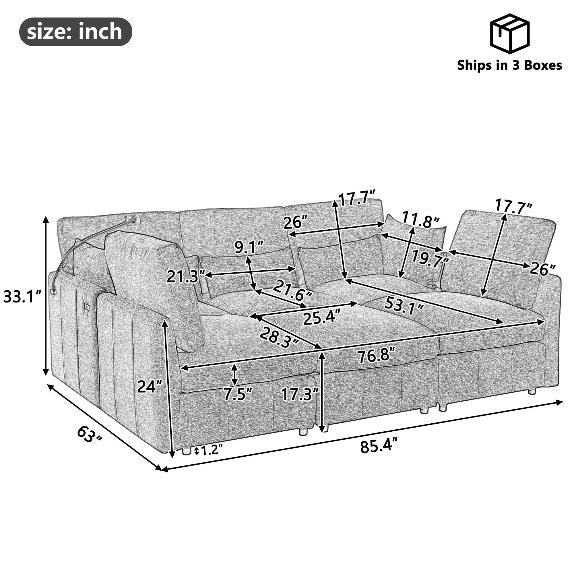 Modern Modular U-Shaped Sofa Bed With Movable Ottoman, USB Ports, Phone Holder by Unique Piece Furniture