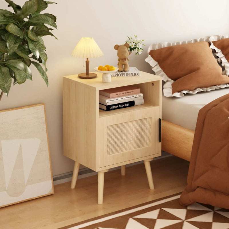 Nightstand Side Table with Door and Open Shelf for Bedroom - Oak by HouseOfZazla