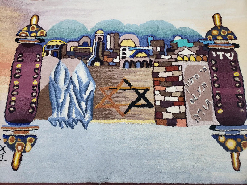 Vintage Judaica Pictorial Rug 3x5, Wool Hand-Tufted Israeli Signed Rug, Jerusalem Rug, Star of David Torah Scroll Verses, Chanuka Gift by Jewel Rugs