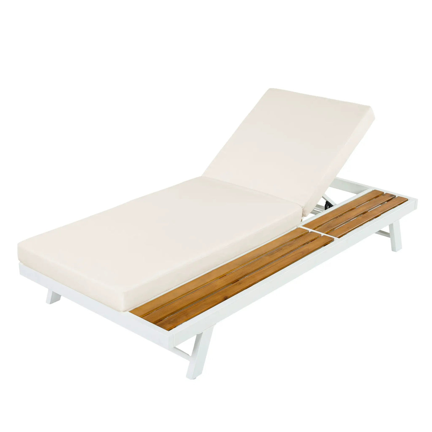 White Iron and Teak Finish Chaise Lounge Set with Cream Cushion by HouseOfZazla