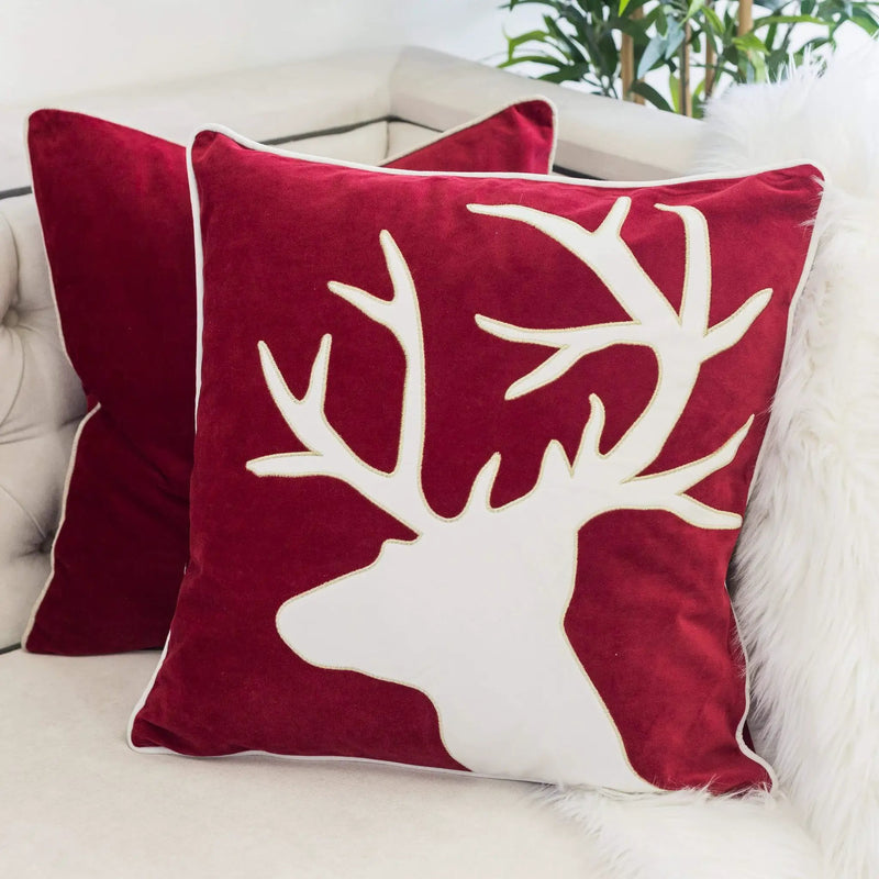 Holiday Reindeer Velvet Accent Pillow 20x20 – Red and White with Insert by HouseOfZazla