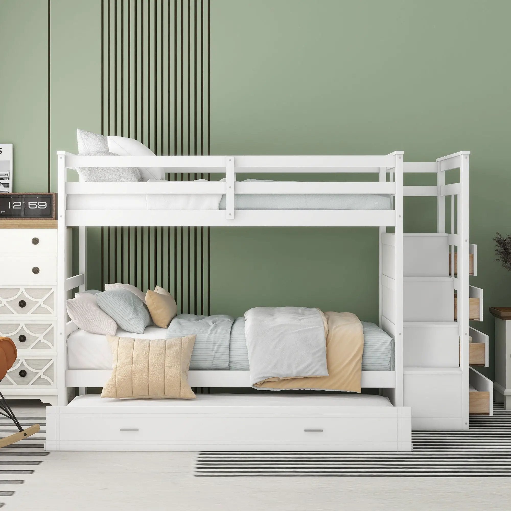 Twin Over Twin Bunk Bed With Trundle And Staircase - White by HouseOfZazla
