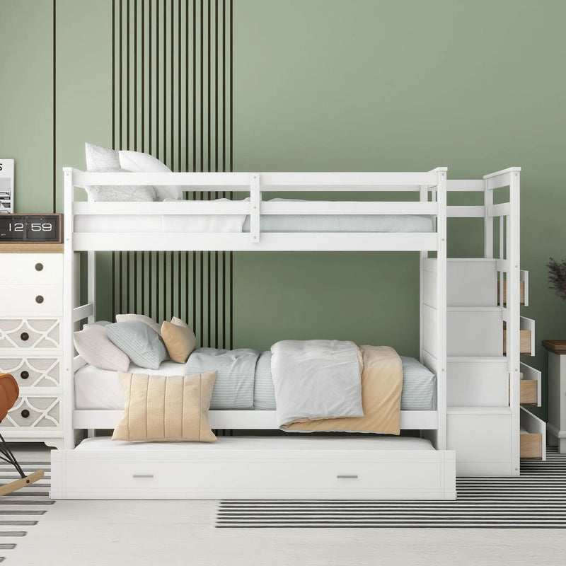 Twin Over Twin Bunk Bed With Trundle And Staircase - White by HouseOfZazla
