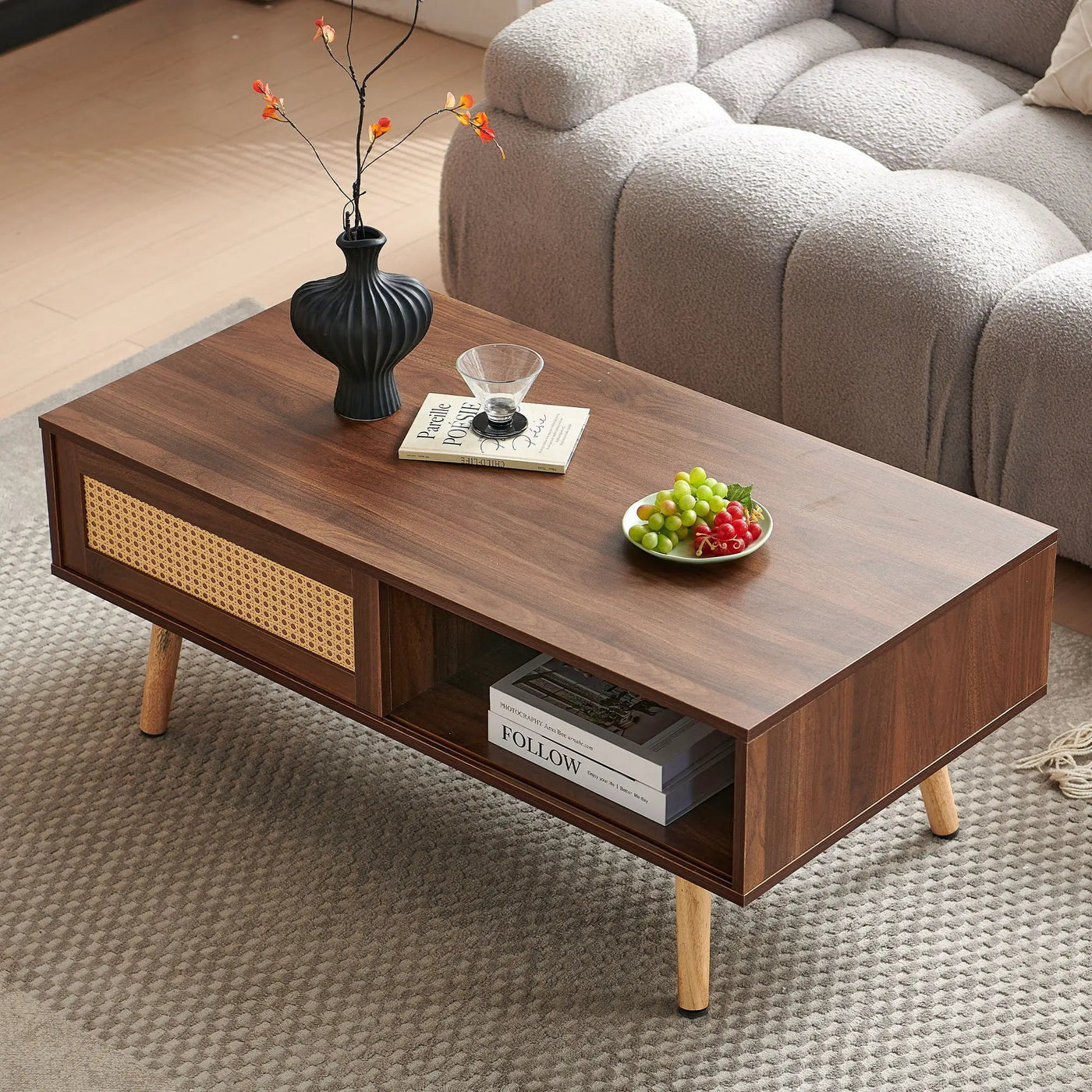 41.34" Rattan Coffee Table, Sliding Door For Storage, Solid Wood Legs, Modern Table For Living Room by Unique Piece Furniture