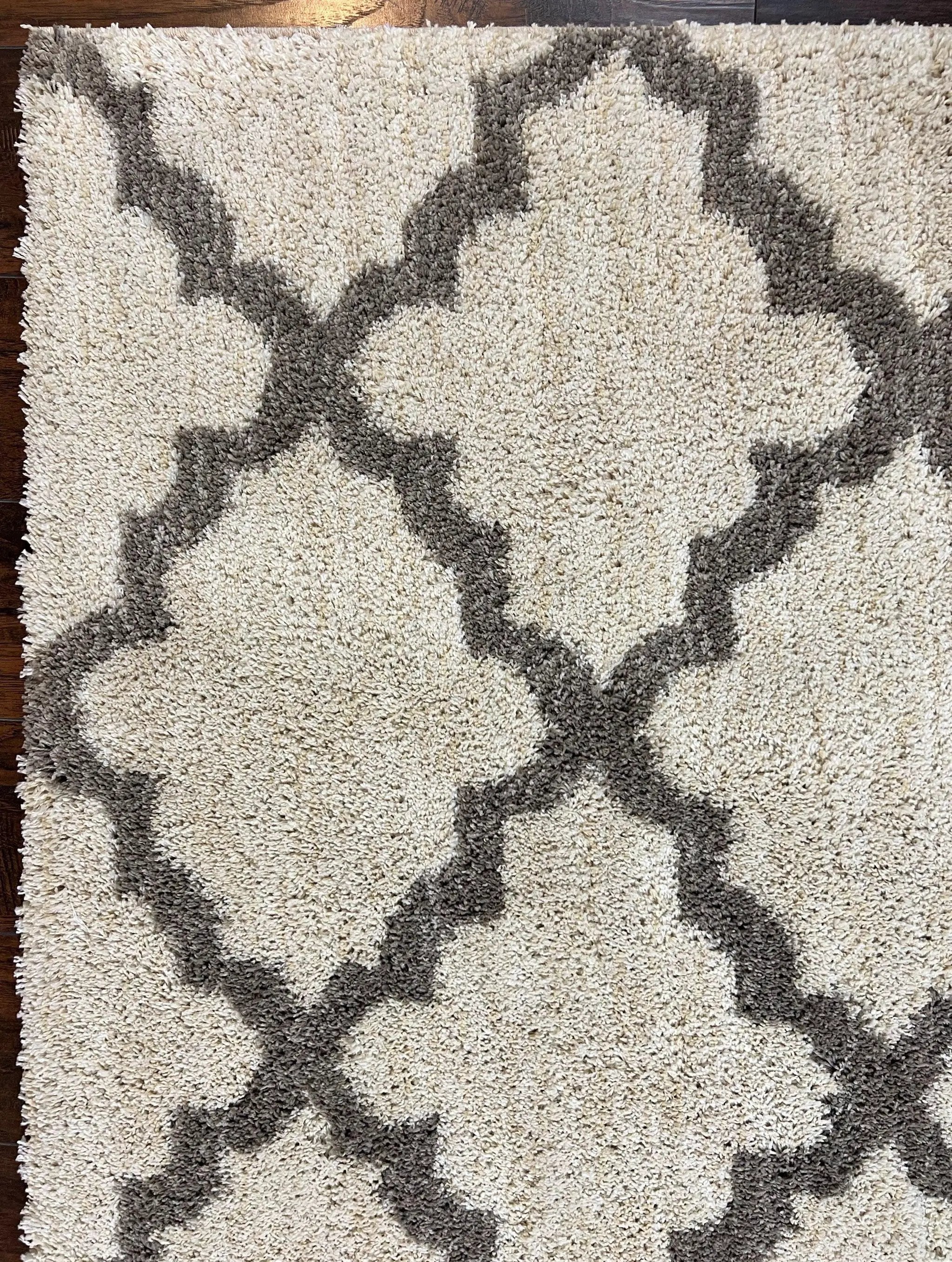 Modern Shag Rug, Ivory and Gray, Diamond Panel Design, Room Sized Area Rug by Jewel Rugs