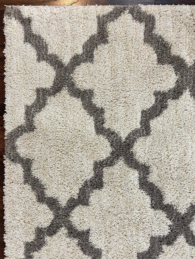 Modern Shag Rug, Ivory and Gray, Diamond Panel Design, Room Sized Area Rug by Jewel Rugs