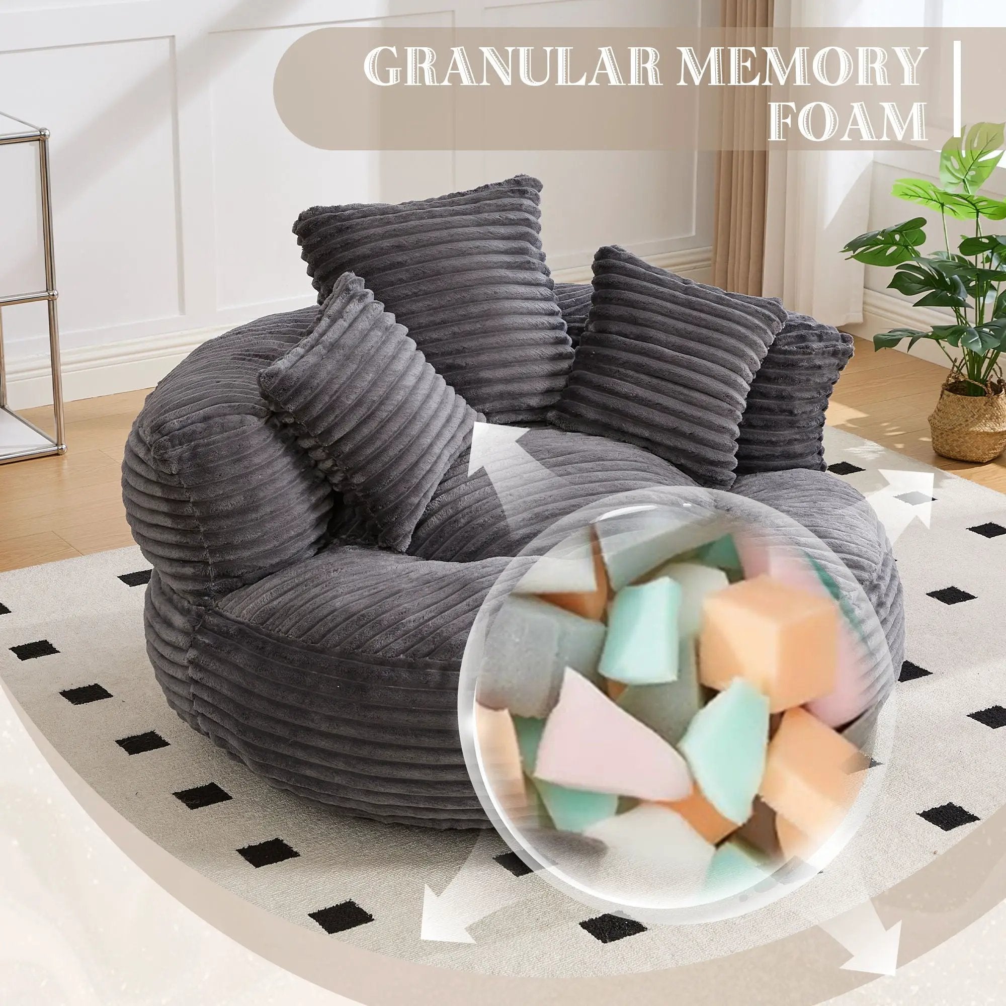 Oversized Bean Bag Chair With 3 Pillows & Armrest - Dark Gray by HouseOfZazla