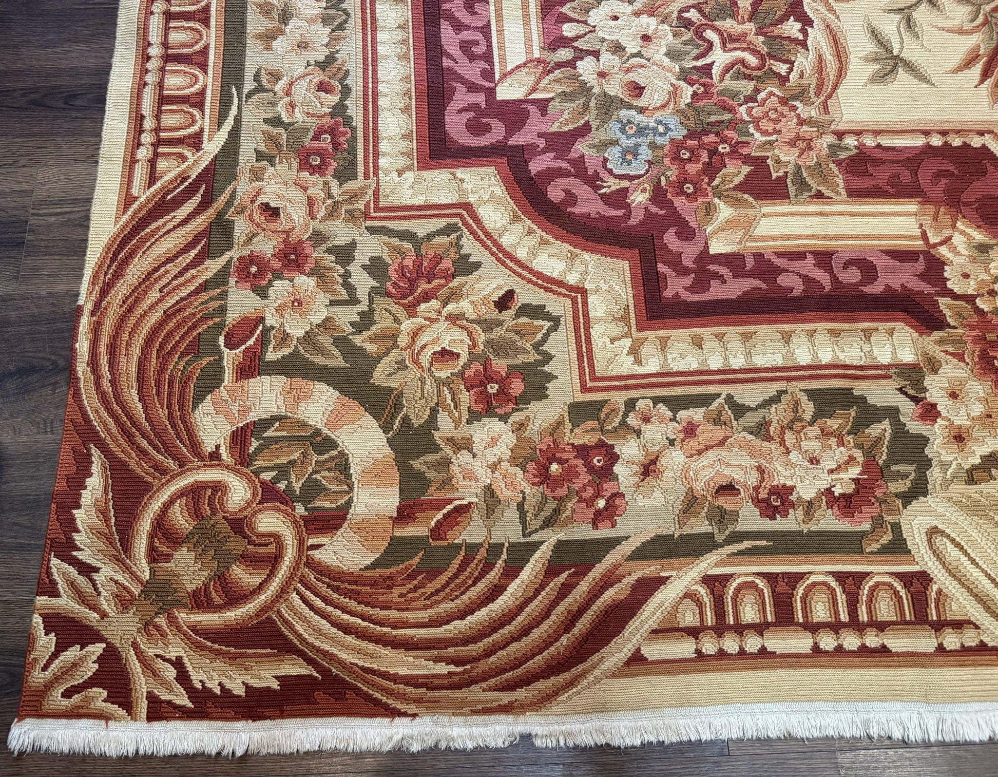 Large Aubusson Rug 10x13, Thick Flatweave Carpet, Elegant European Design, Cream and Raspberry by Jewel Rugs
