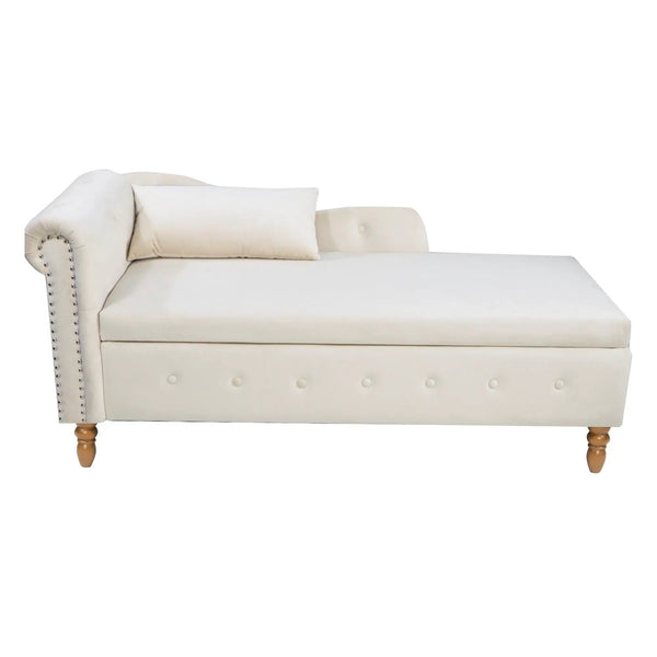 Chaise Lounge Indoor, Lounge Chair For Bedroom With Storage & Pillow, Modern Upholstered Rolled Arm Chase Lounge For Sleeping With Nailhead Trim For Living Room Bedroom Office