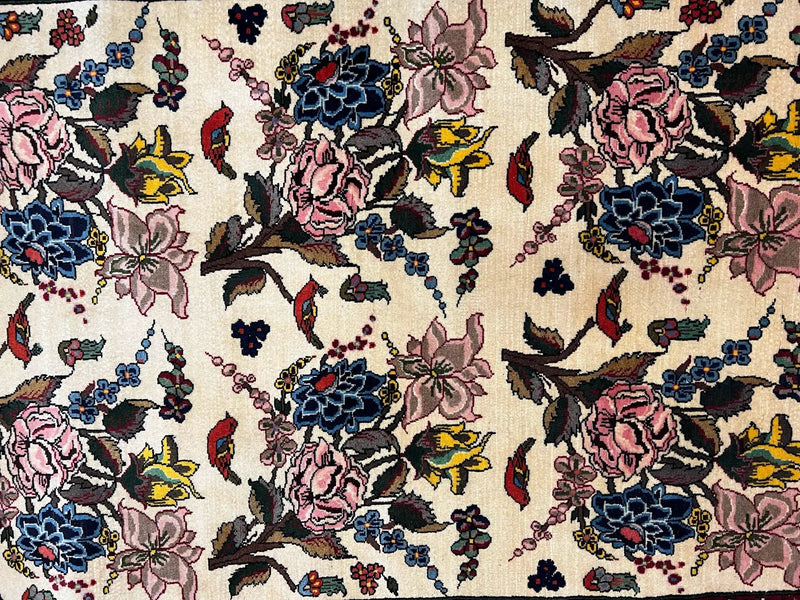 Persian Bidjar Rug 3.6 x 5 ft, Repeated Floral Motifs, Roses and Birds, Cream Burgundy, Fine Wool Oriental Bijar Carpet, Vintage Traditional Area Rug by Jewel Rugs