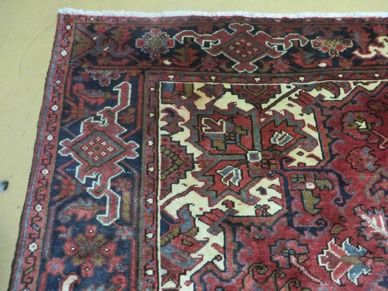 Persian Rug 8x11 Room Sized Heriz Carpet, Hand Knotted Wool Rug, Vintage Semi Antique, Geometric Medallion, Wine Red Cream Dark Blue, Wow by Jewel Rugs
