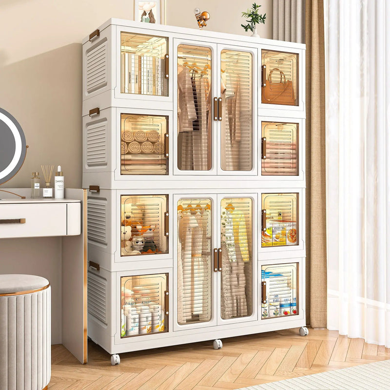 Portable Wardrobe Closet Storage Organizer For Clothes With Magnetic Doors, 12 Cubes & 2 Hanging Rods - White by HouseOfZazla