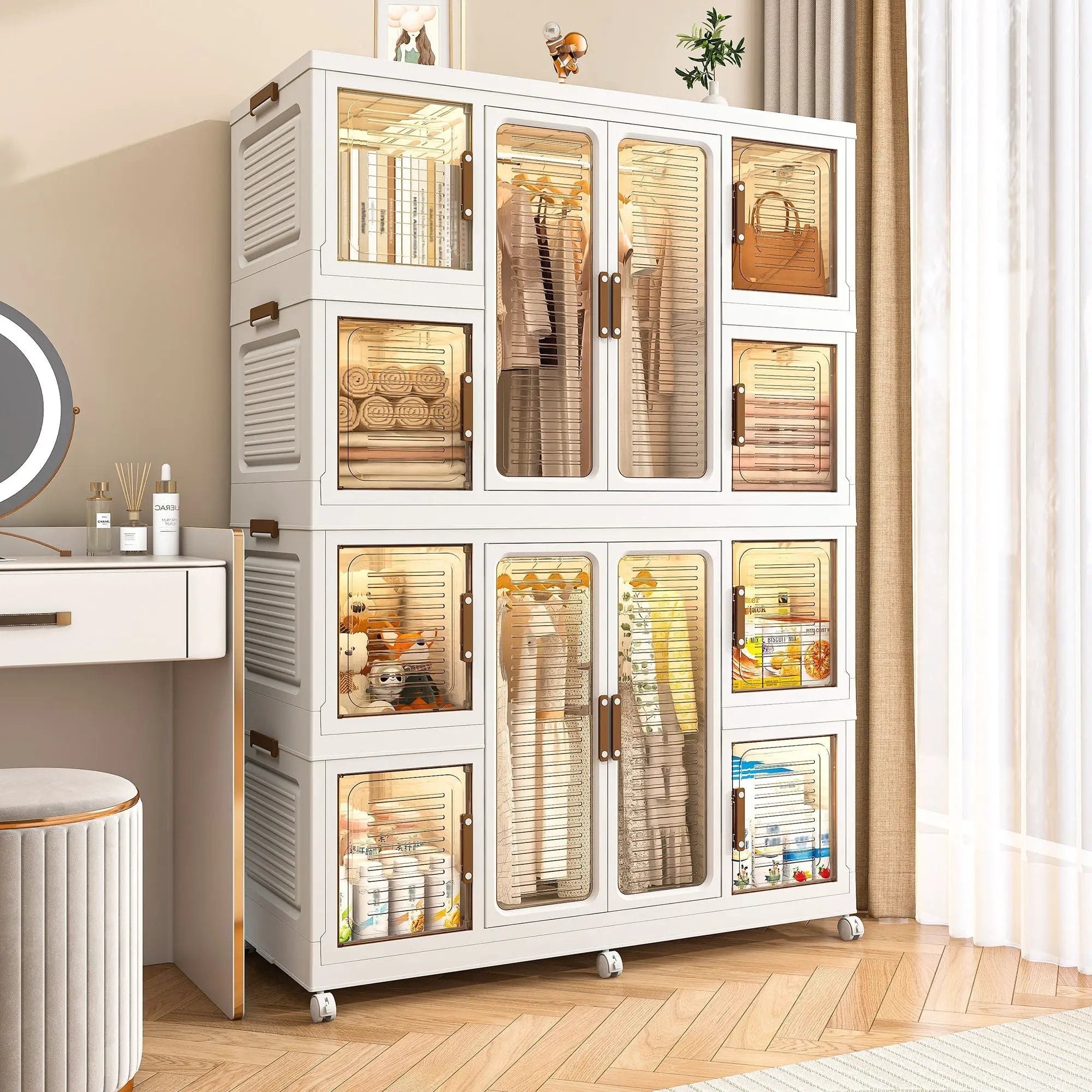 Portable Wardrobe Closet Storage Organizer For Clothes With Magnetic Doors, 12 Cubes & 2 Hanging Rods - White by Unique Piece Furniture