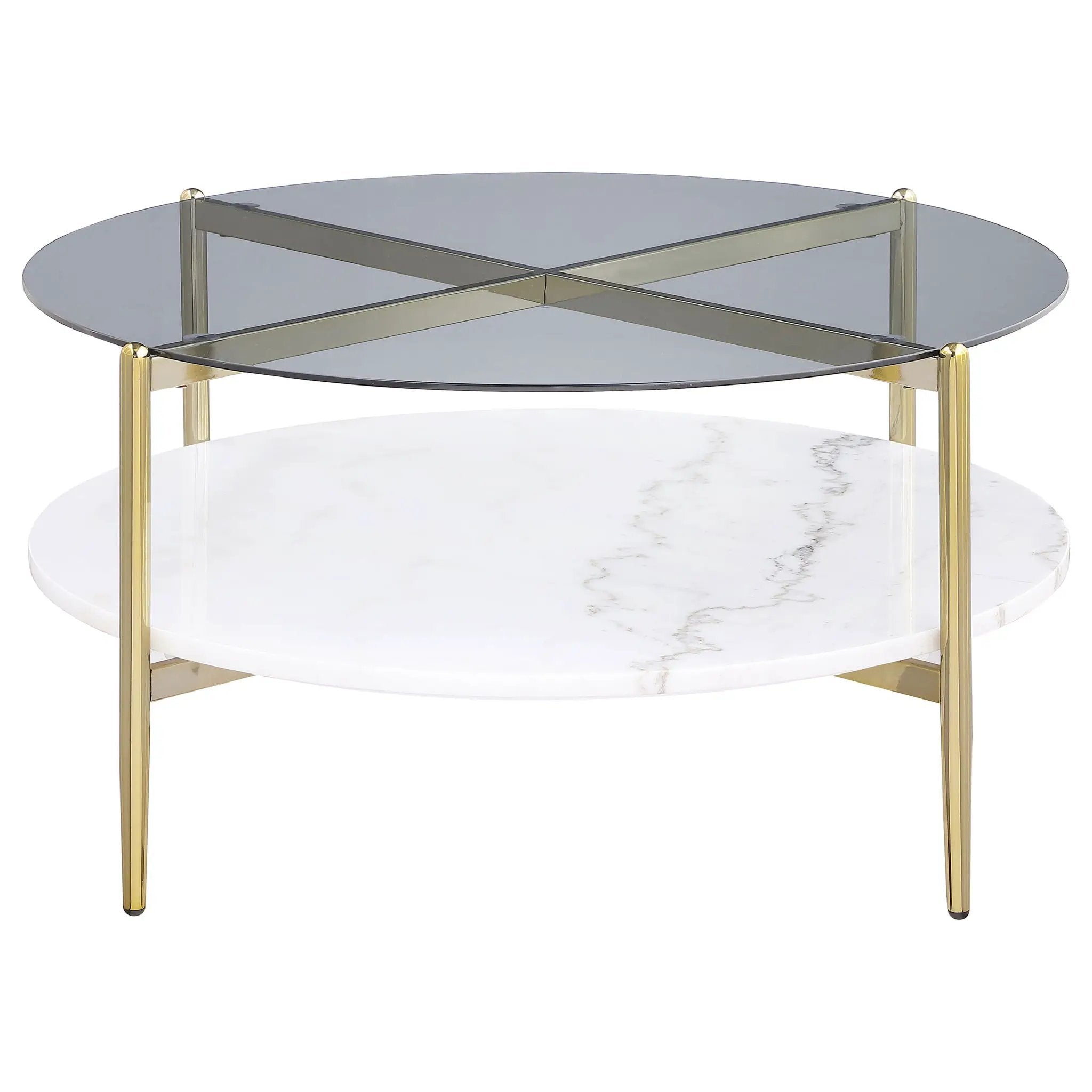 Jonelle Round Glass Top Coffee Table White Marble Shelf Gold by Unique Piece Furniture