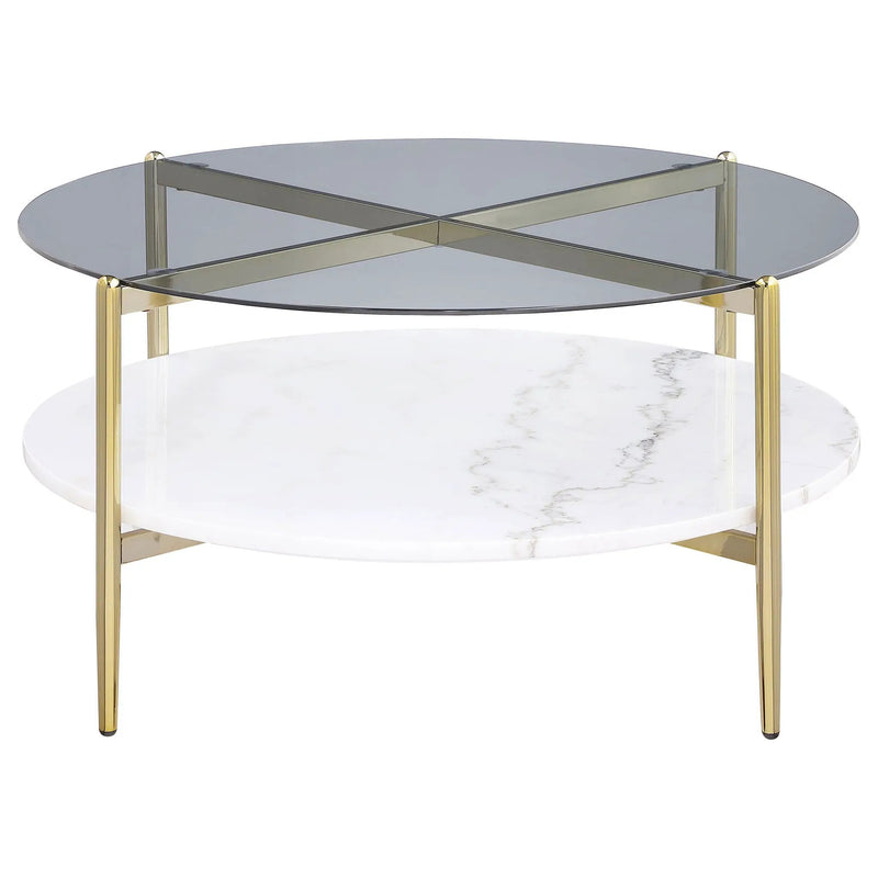 Jonelle Round Glass Top Coffee Table White Marble Shelf Gold by Unique Piece Furniture
