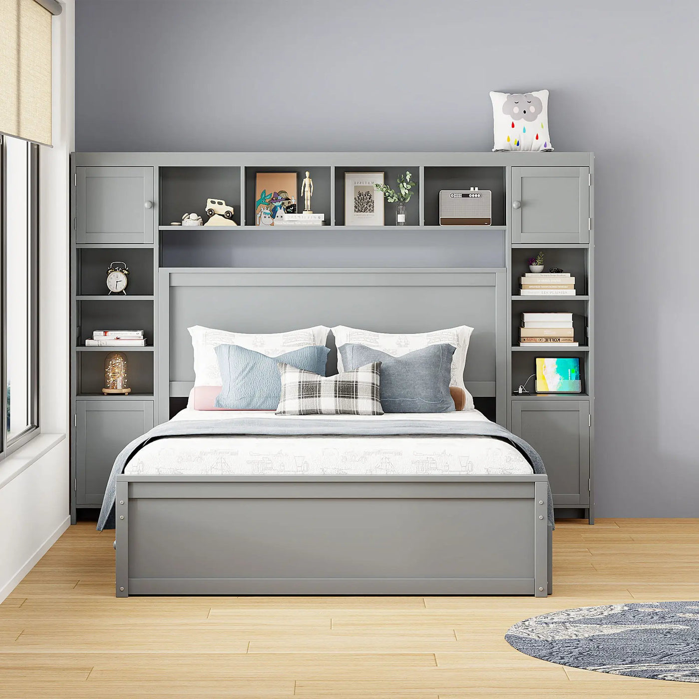 Bed With All In One Cabinet, Shelf And Sockets, Twin Long Trundle by HouseOfZazla