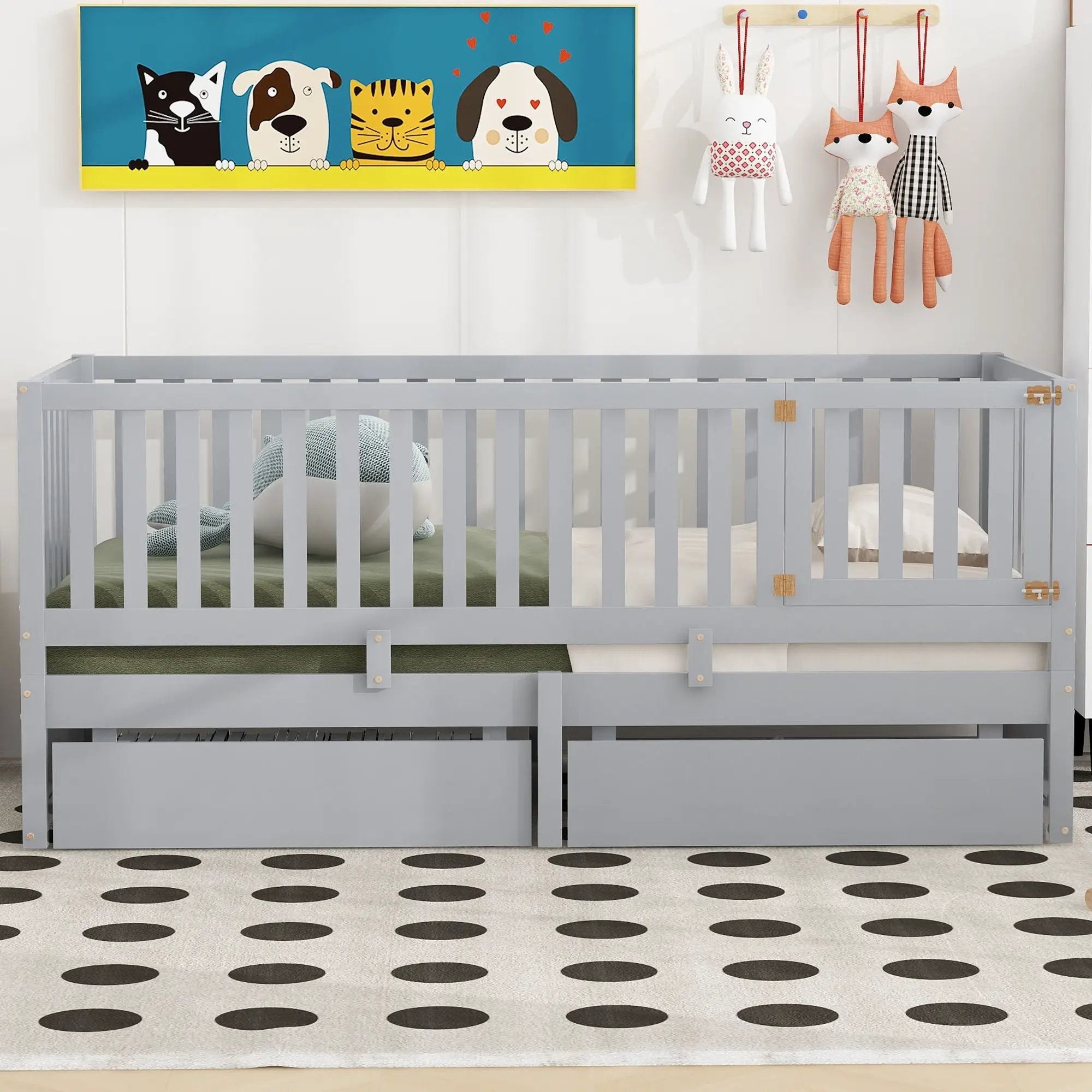 Daybed With Fence Guardrails And 2 Drawers, Split Into Independent Floor Bed & Daybed by HouseOfZazla