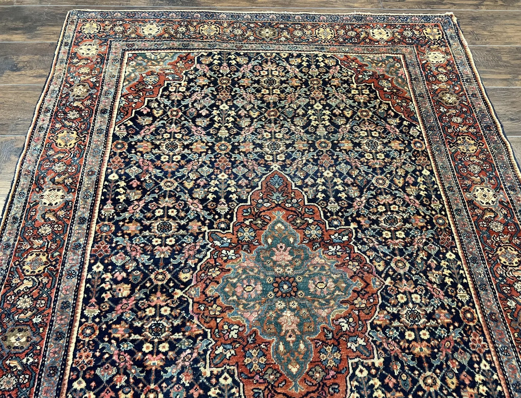 Persian Rug 4x7 Antique Sarouk Farahan Carpet, Navy Blue and Red Wool Rug by Jewel Rugs