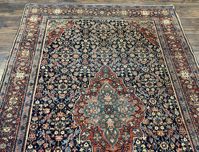 Persian Rug 4x7 Antique Sarouk Farahan Carpet, Navy Blue and Red Wool Rug by Jewel Rugs