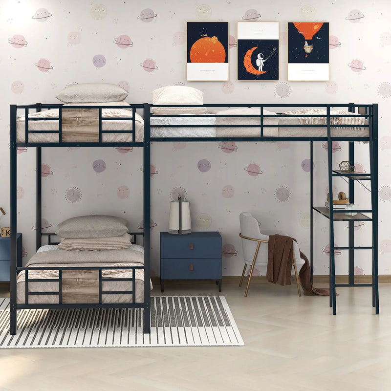 L-Shaped Twin Over Twin Bunk Bed With Twin Size Loft Bed With Desk And Shelf - Brown by Unique Piece Furniture