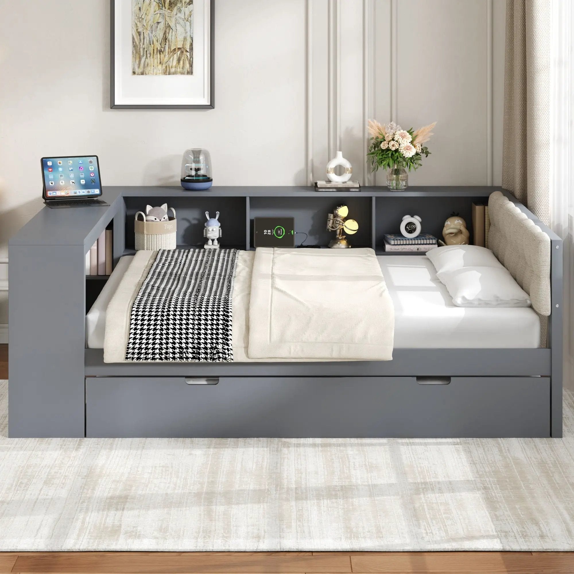 Upholstered Headboard Platform Bed with Storage Shelves, Trundle, and Charging Station by HouseOfZazla