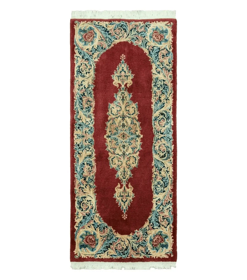 Small Persian Kirman Rug 2x4, Wool Oriental Vintage Handmade Carpet, Hand Knotted Floral Medallion, Red & Beige, Semi Open Field by Jewel Rugs