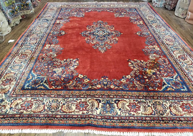Semi Antique Persian Sarouk Rug 9x12, Semi Open Field with Central Medallion, Hand Knotted Wool, Tomato Red, 9 x 12 Authentic Oriental Carpet by Jewel Rugs