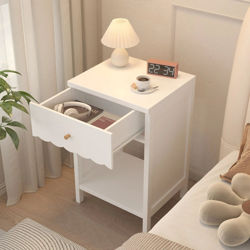 Nightstand With Drawer And Open Shelf, Scalloped Edge Bedside Table by Unique Piece Furniture