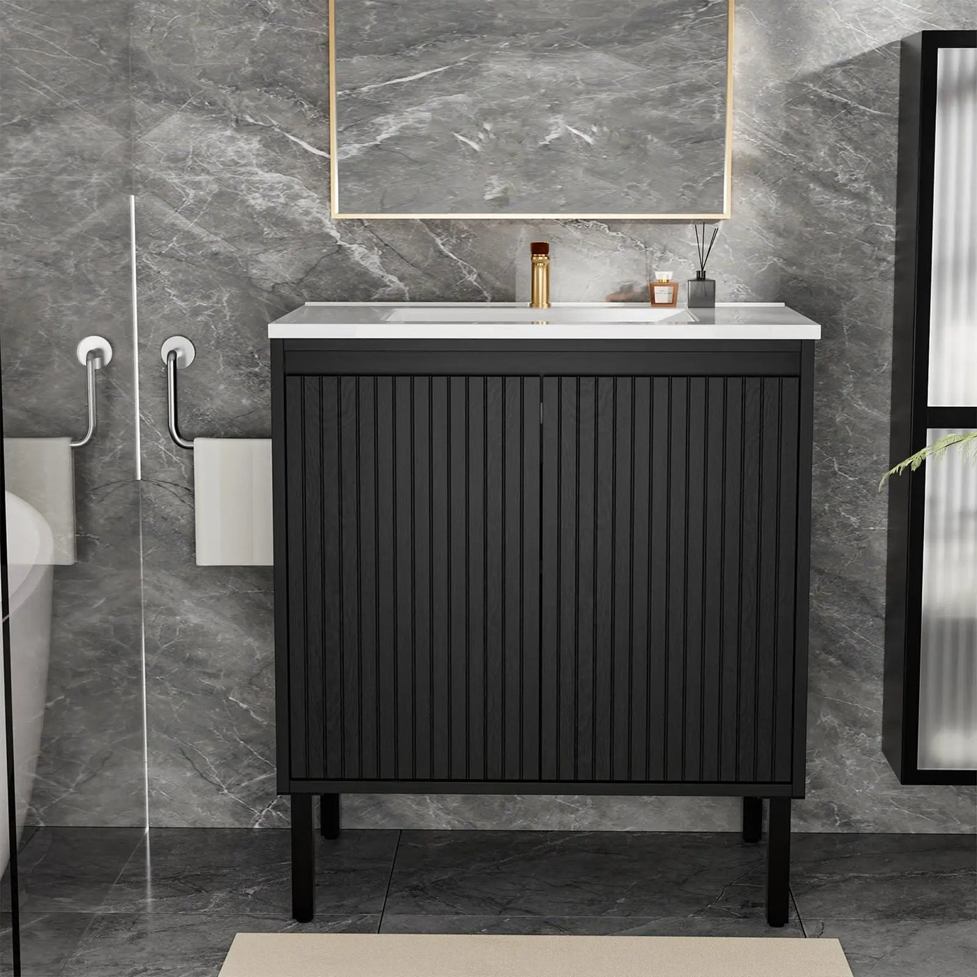 Bathroom Vanity With Ceramic Sink, Floor-Standing Design, Soft-Closing Drawers by HouseOfZazla