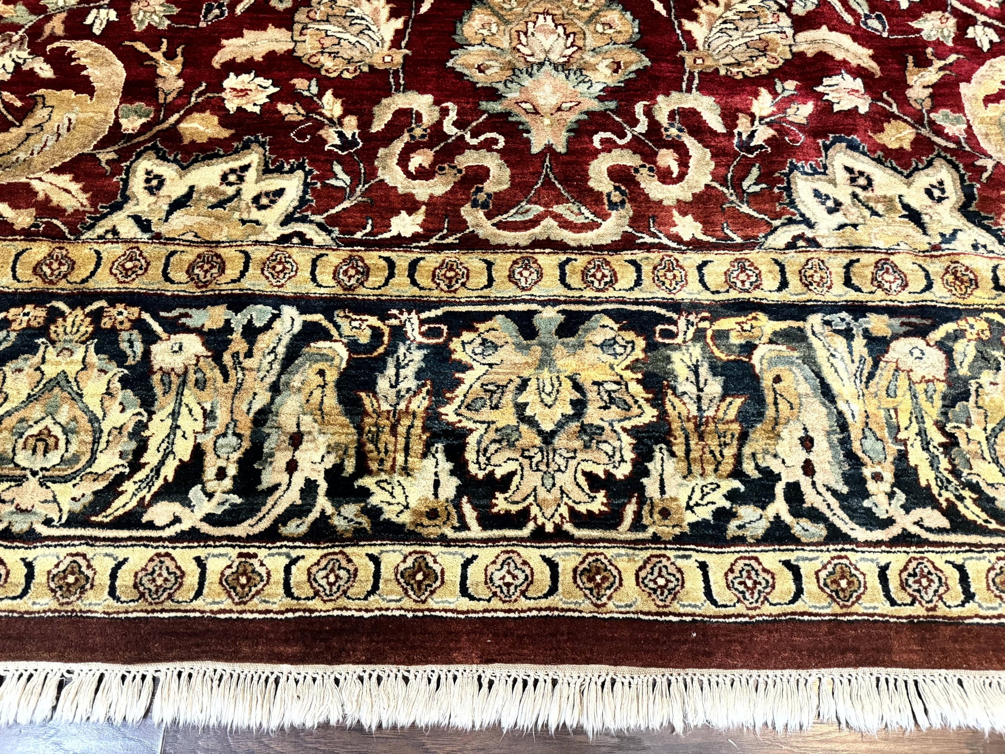Indo Persian Rug 10x14, Indian Agra Carpet, Vintage Handmade Wool Large Traditional Rug, Dark Red Navy Blue Beige by Jewel Rugs