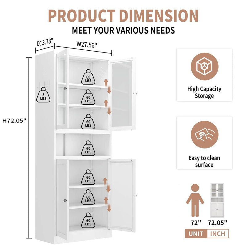 Kitchen Pantry Cabinet Tall Storage With Adjustable Shelves, Heavy Duty Stainless Steel Frame - White by HouseOfZazla