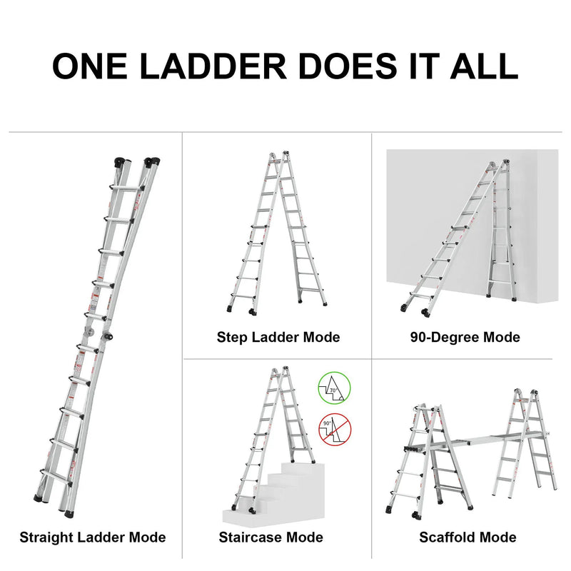 22' Aluminum Multi-Position Ladder With Wheels, 300 Lbs Weight Rating - Metallic Gray by HouseOfZazla