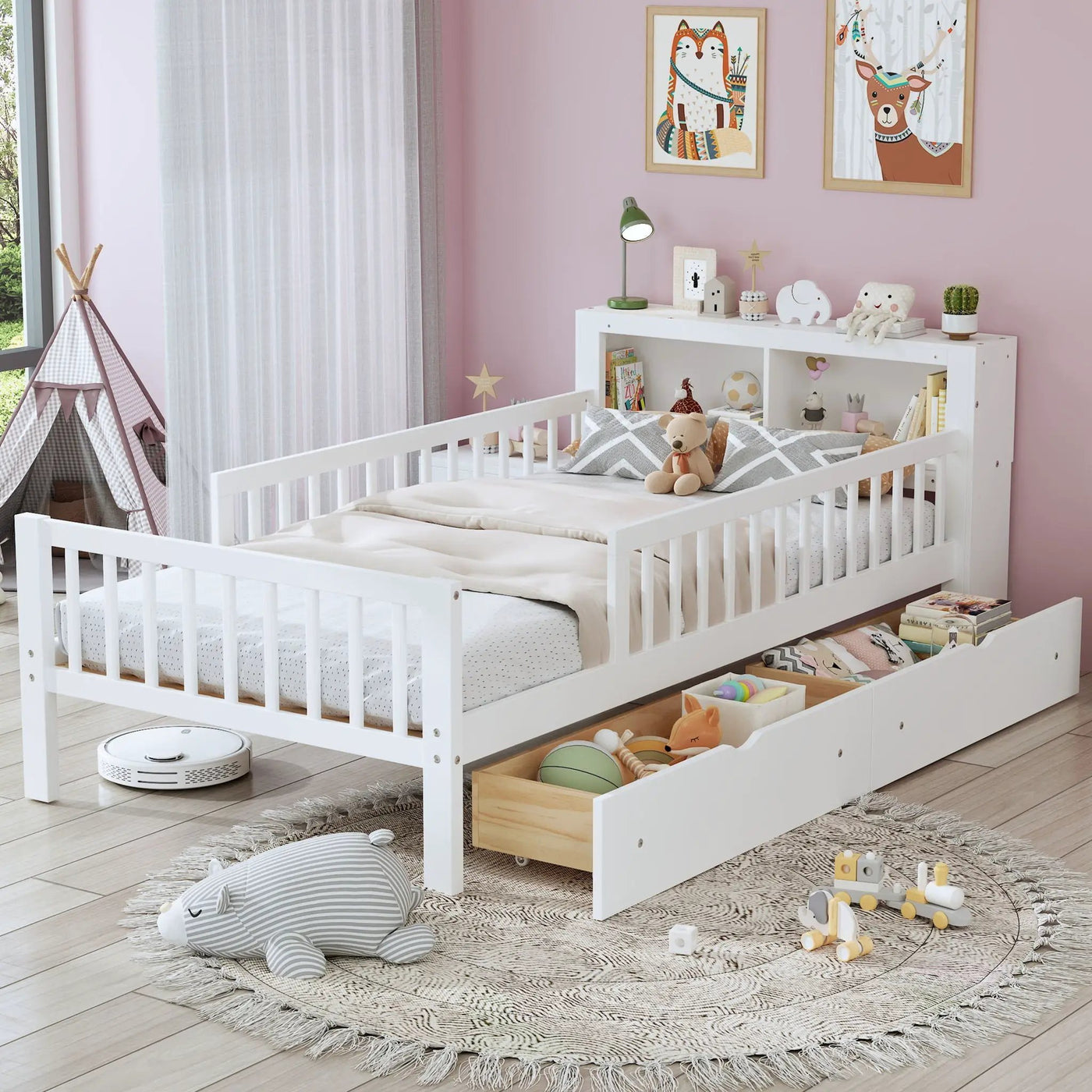 Bed With Headboard Storage Rack, 2 Under Bed Drawers, 3 Side Guardrails For Safety by Unique Piece Furniture