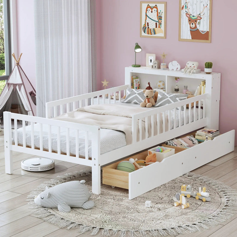 Bed With Headboard Storage Rack, 2 Under Bed Drawers, 3 Side Guardrails For Safety by HouseOfZazla