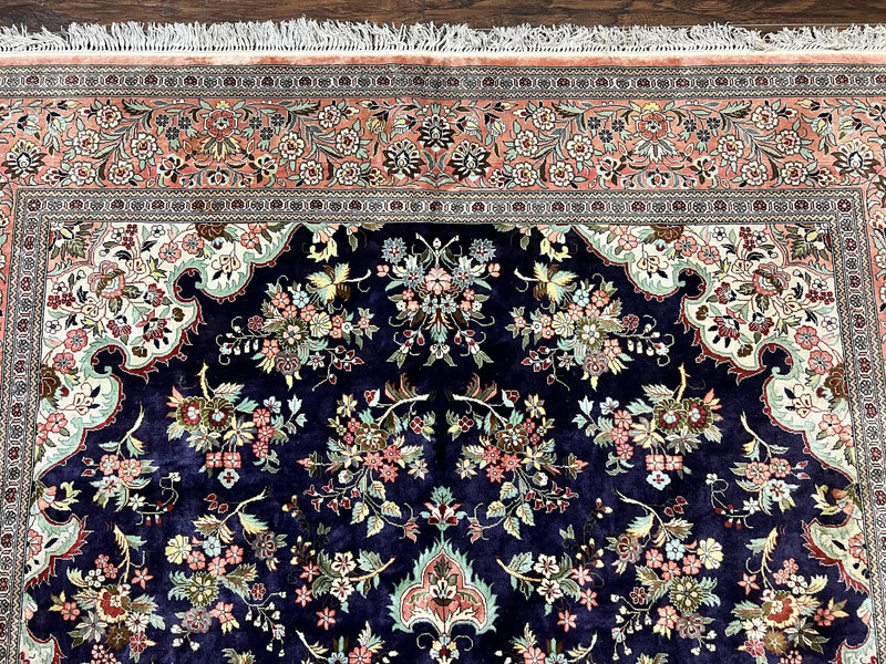Stunning Silk Persian Qum Rug 7x9, Finely Hand Knotted Navy Blue & Salmon Floral Medallion Authentic Oriental Carpet, Vintage Handmade Silk Ghom Rug, Silk on Silk by Jewel Rugs