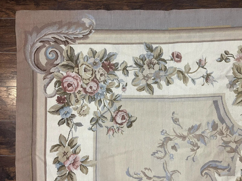 Aubusson Needlepoint Rug 9x12, VIntage Handmade Wool Beige Floral European Elegant Rug 9 x 12, Floral Roses by Jewel Rugs