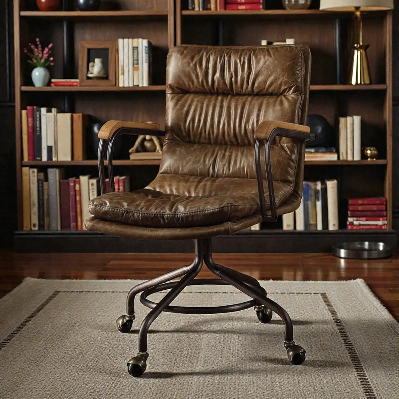 Harith Vintage Top Grain Leather Office Chair - Brown by HouseOfZazla