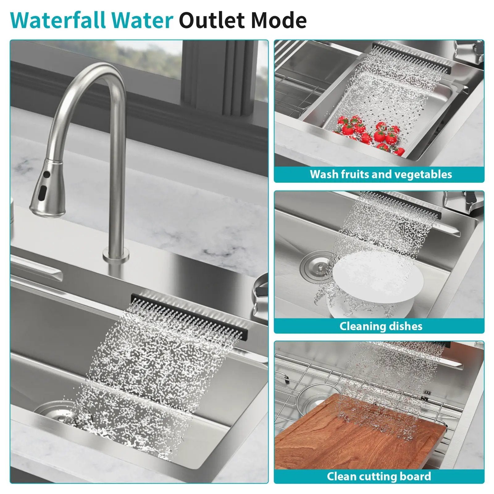 Drop In Waterfall Kitchen Sink With Pull-Out Faucet & Cup Washer by HouseOfZazla