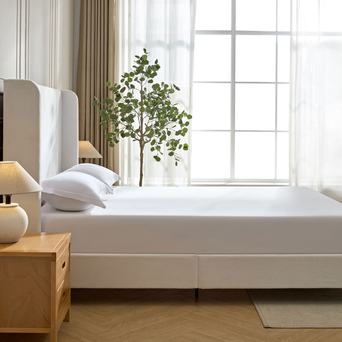 Tall Headboard Upholstered Bed with No Box Spring Needed - Cream, photo 19 of 40